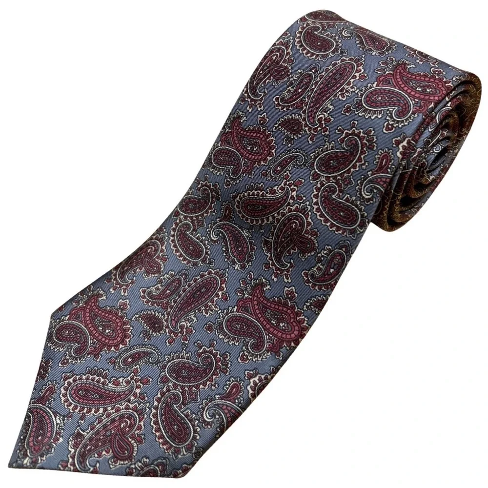 All Silk Milano Hand Made Paisley Print Necktie Blue-Gray Burgundy 55